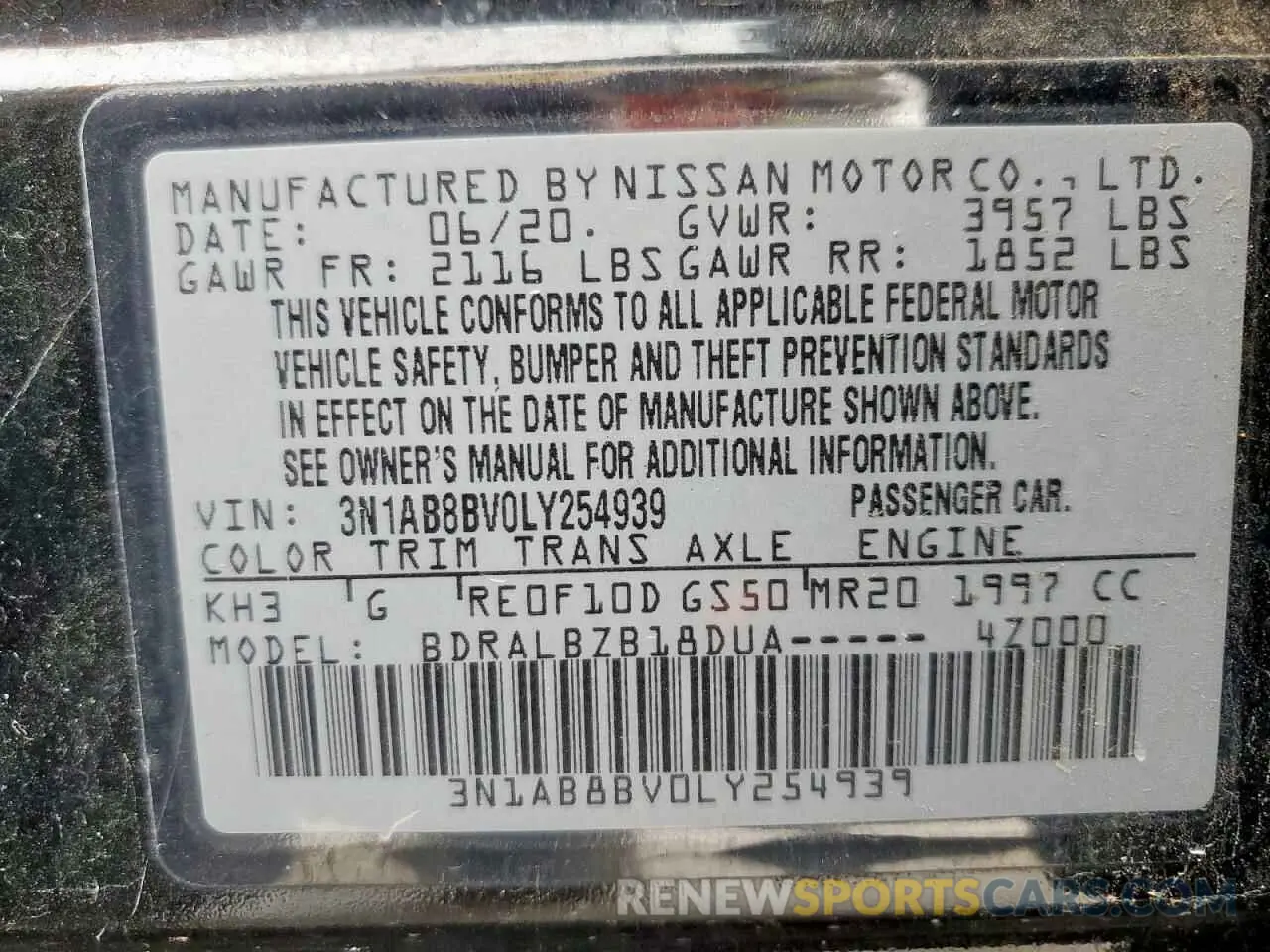 12 fotografías del automóvil dañado 3N1AB8BV0LY254939 NISSAN SENTRA 2020
