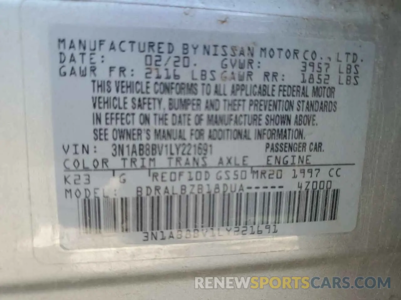 12 fotografías del automóvil dañado 3N1AB8BV1LY221691 NISSAN SENTRA 2020
