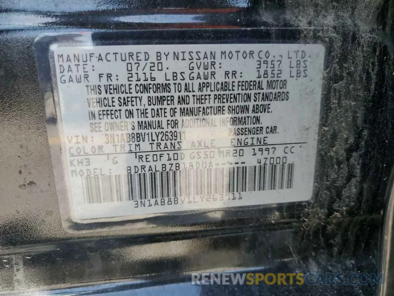 12 fotografías del automóvil dañado 3N1AB8BV1LY263911 NISSAN SENTRA 2020