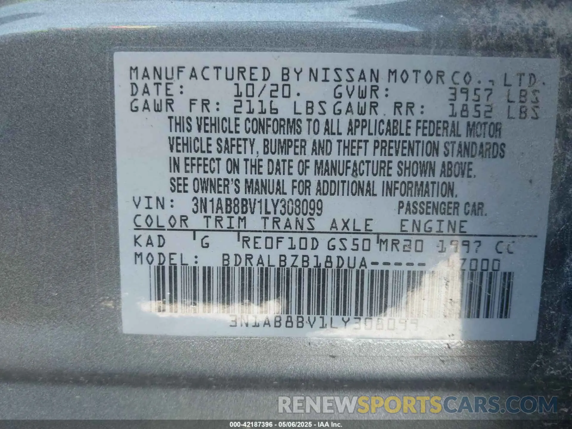 9 fotografías del automóvil dañado 3N1AB8BV1LY308099 NISSAN SENTRA 2020