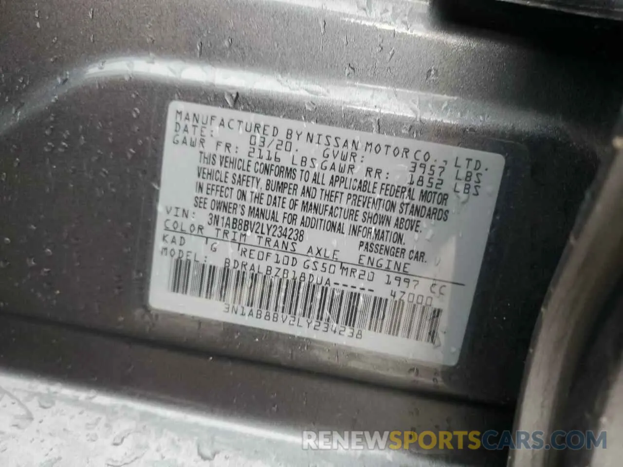 12 fotografías del automóvil dañado 3N1AB8BV2LY234238 NISSAN SENTRA 2020