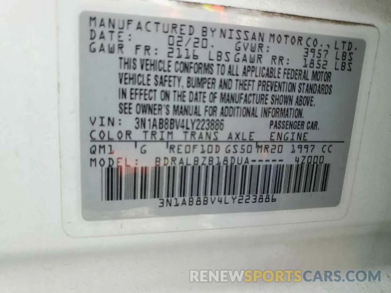 14 fotografías del automóvil dañado 3N1AB8BV4LY223886 NISSAN SENTRA 2020