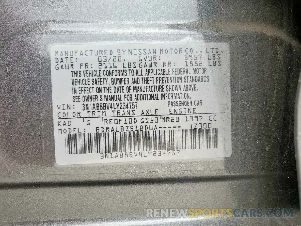 14 fotografías del automóvil dañado 3N1AB8BV4LY234757 NISSAN SENTRA 2020
