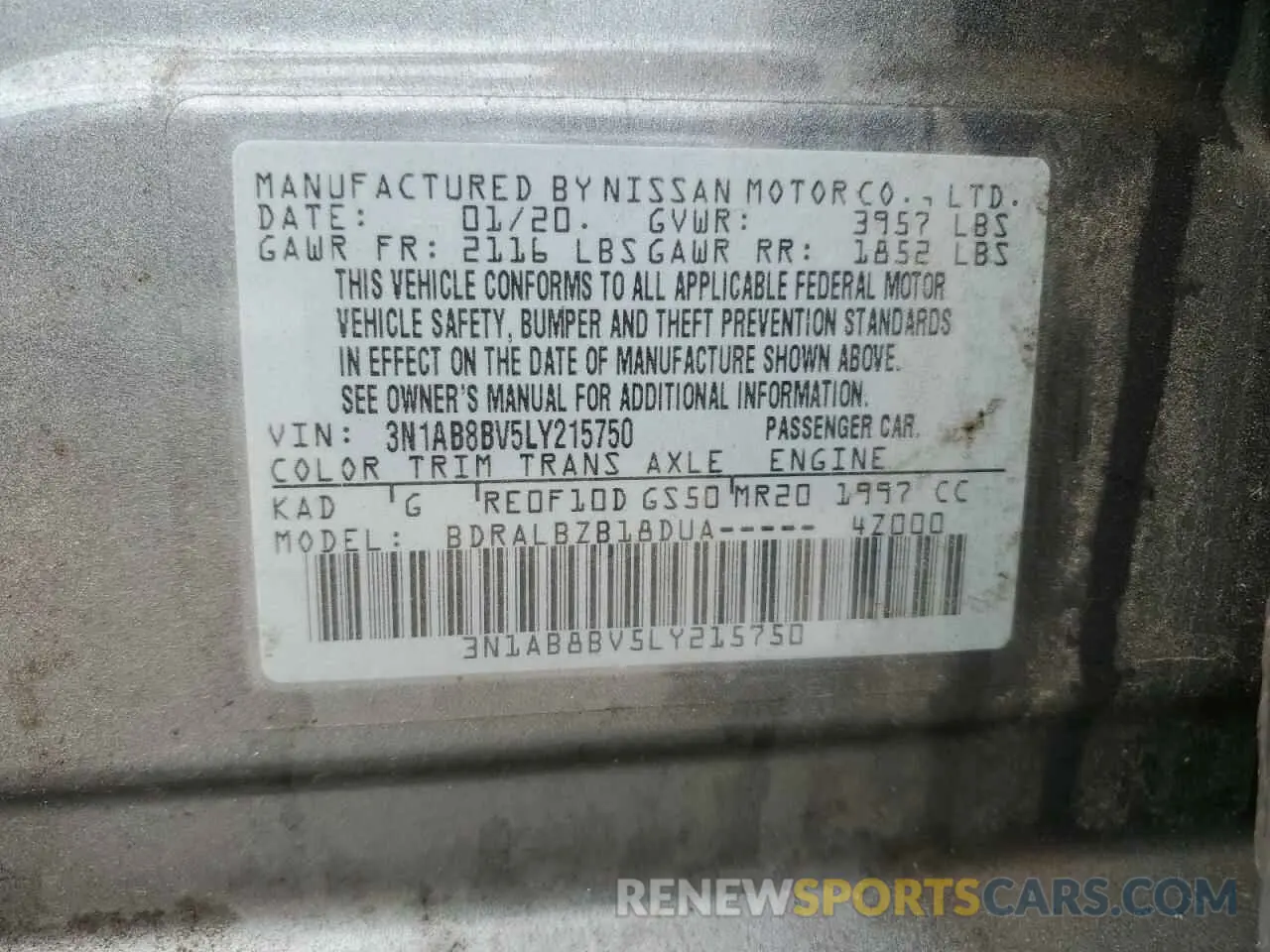12 fotografías del automóvil dañado 3N1AB8BV5LY215750 NISSAN SENTRA 2020
