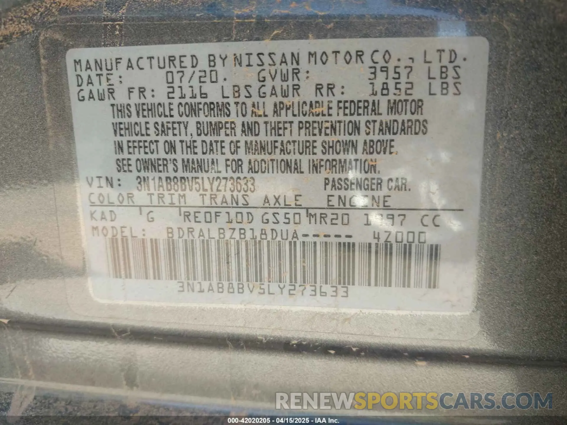 9 fotografías del automóvil dañado 3N1AB8BV5LY273633 NISSAN SENTRA 2020