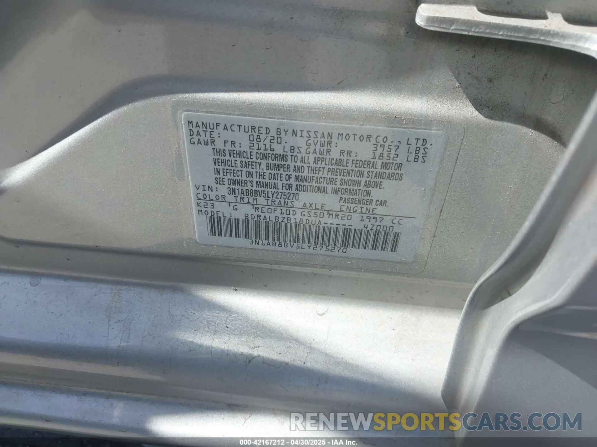 9 fotografías del automóvil dañado 3N1AB8BV5LY275270 NISSAN SENTRA 2020
