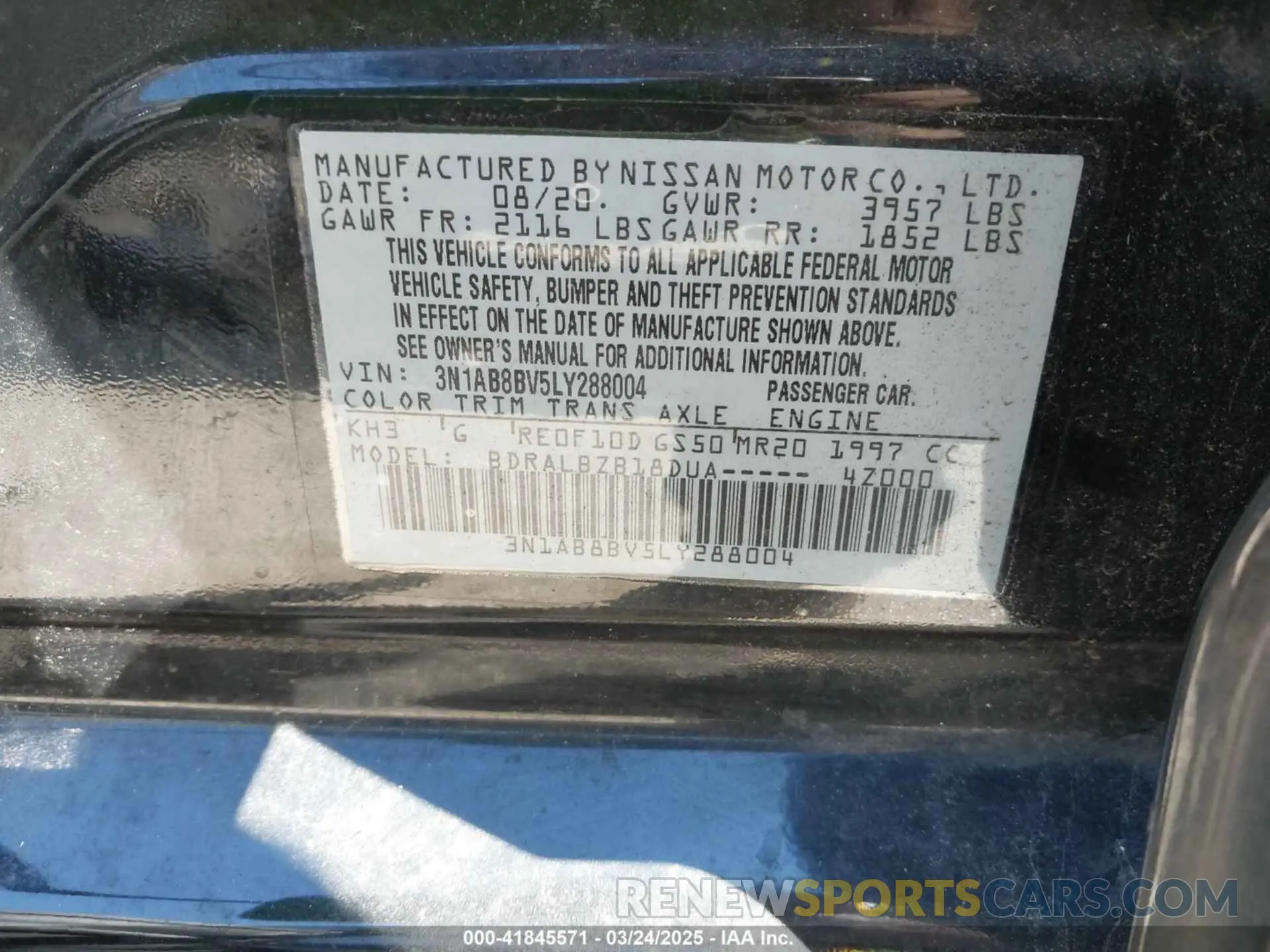 9 fotografías del automóvil dañado 3N1AB8BV5LY288004 NISSAN SENTRA 2020