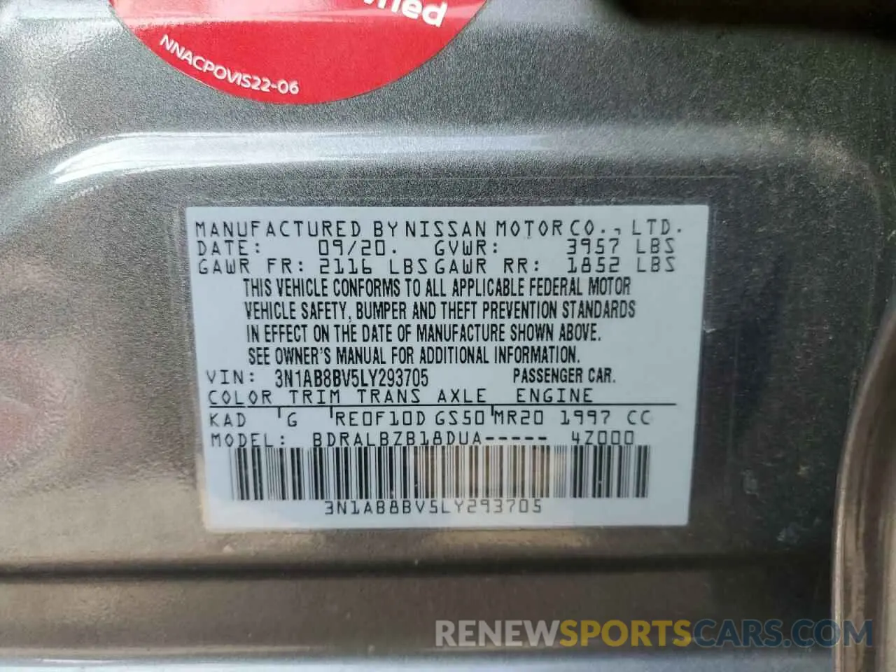 12 fotografías del automóvil dañado 3N1AB8BV5LY293705 NISSAN SENTRA 2020
