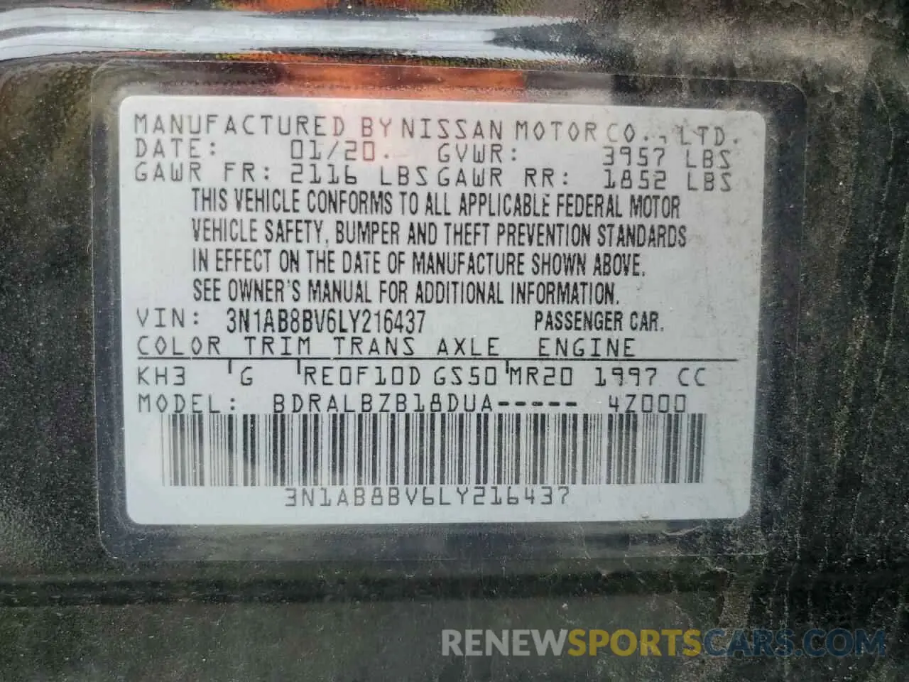 14 fotografías del automóvil dañado 3N1AB8BV6LY216437 NISSAN SENTRA 2020