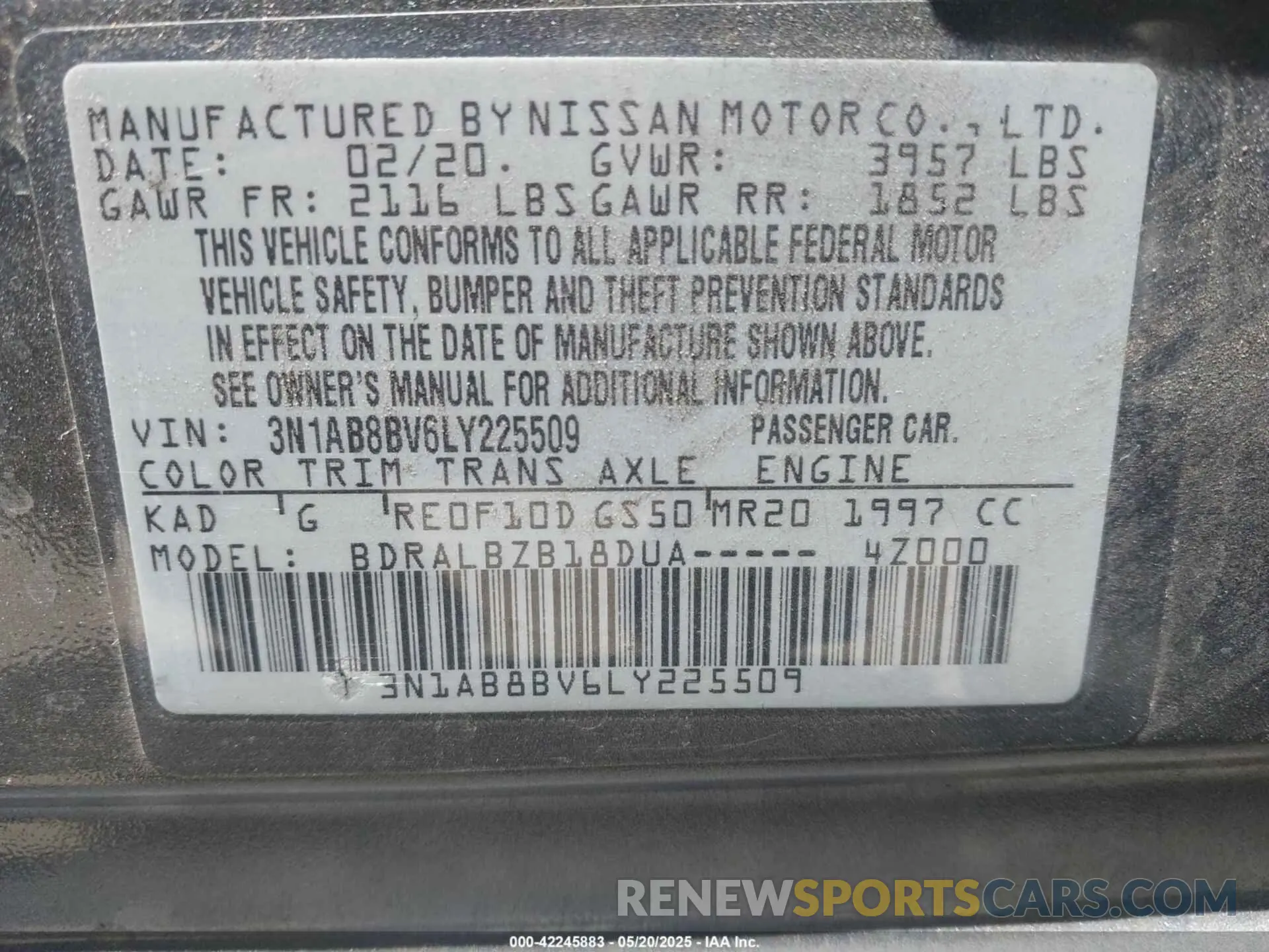 9 fotografías del automóvil dañado 3N1AB8BV6LY225509 NISSAN SENTRA 2020