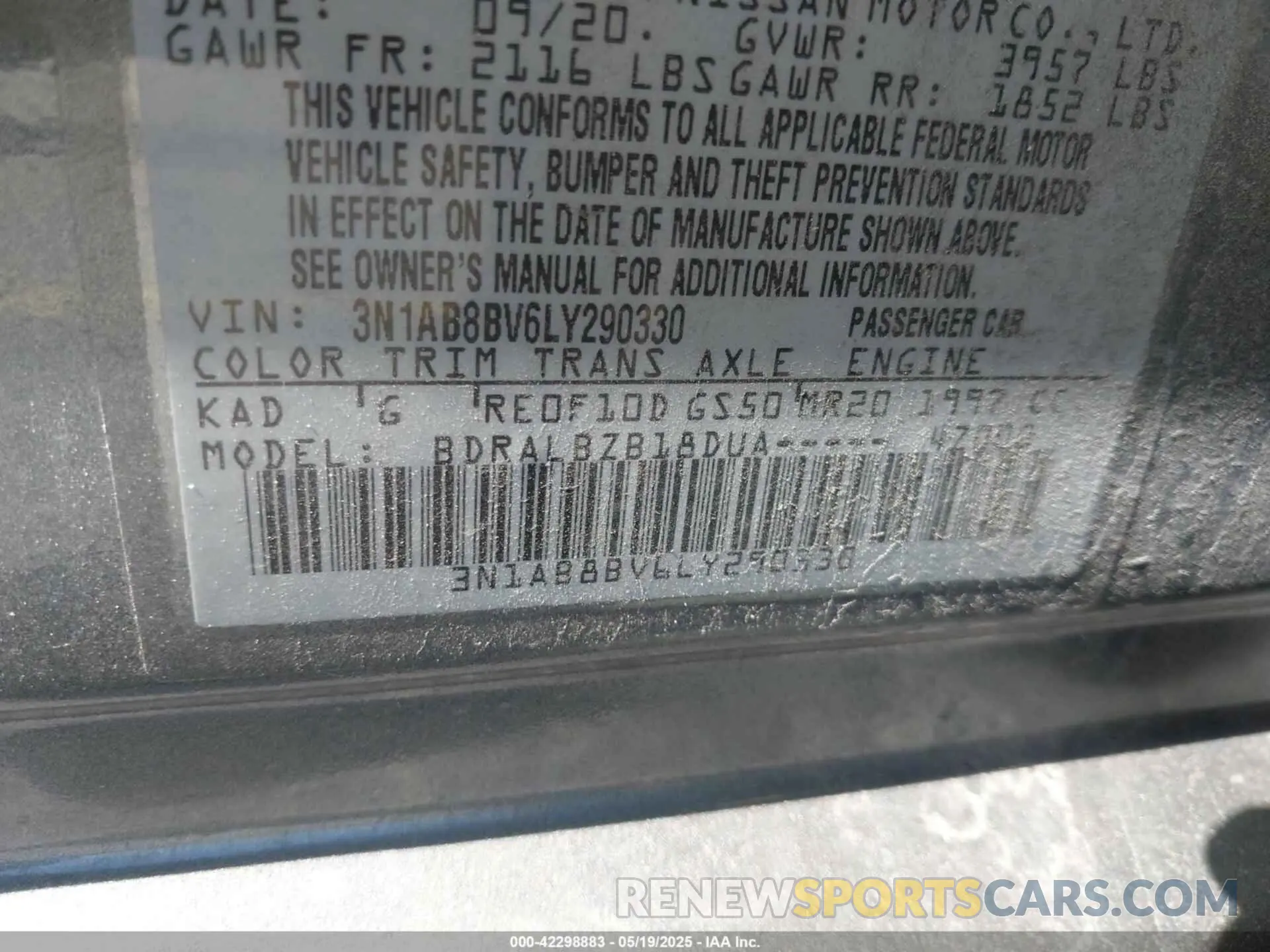 9 fotografías del automóvil dañado 3N1AB8BV6LY290330 NISSAN SENTRA 2020