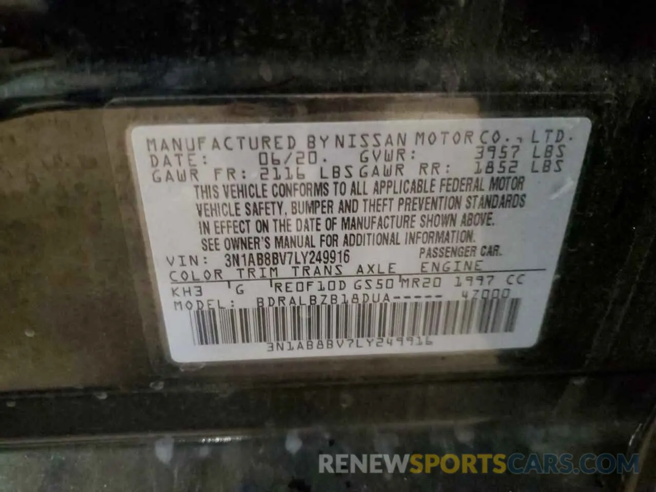 14 fotografías del automóvil dañado 3N1AB8BV7LY249916 NISSAN SENTRA 2020