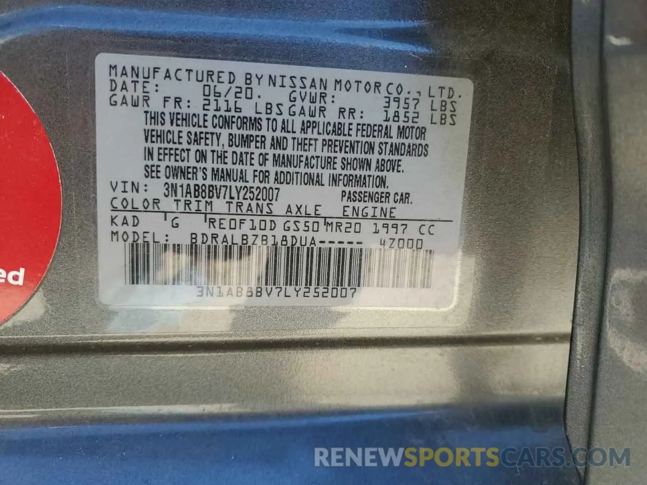 12 fotografías del automóvil dañado 3N1AB8BV7LY252007 NISSAN SENTRA 2020