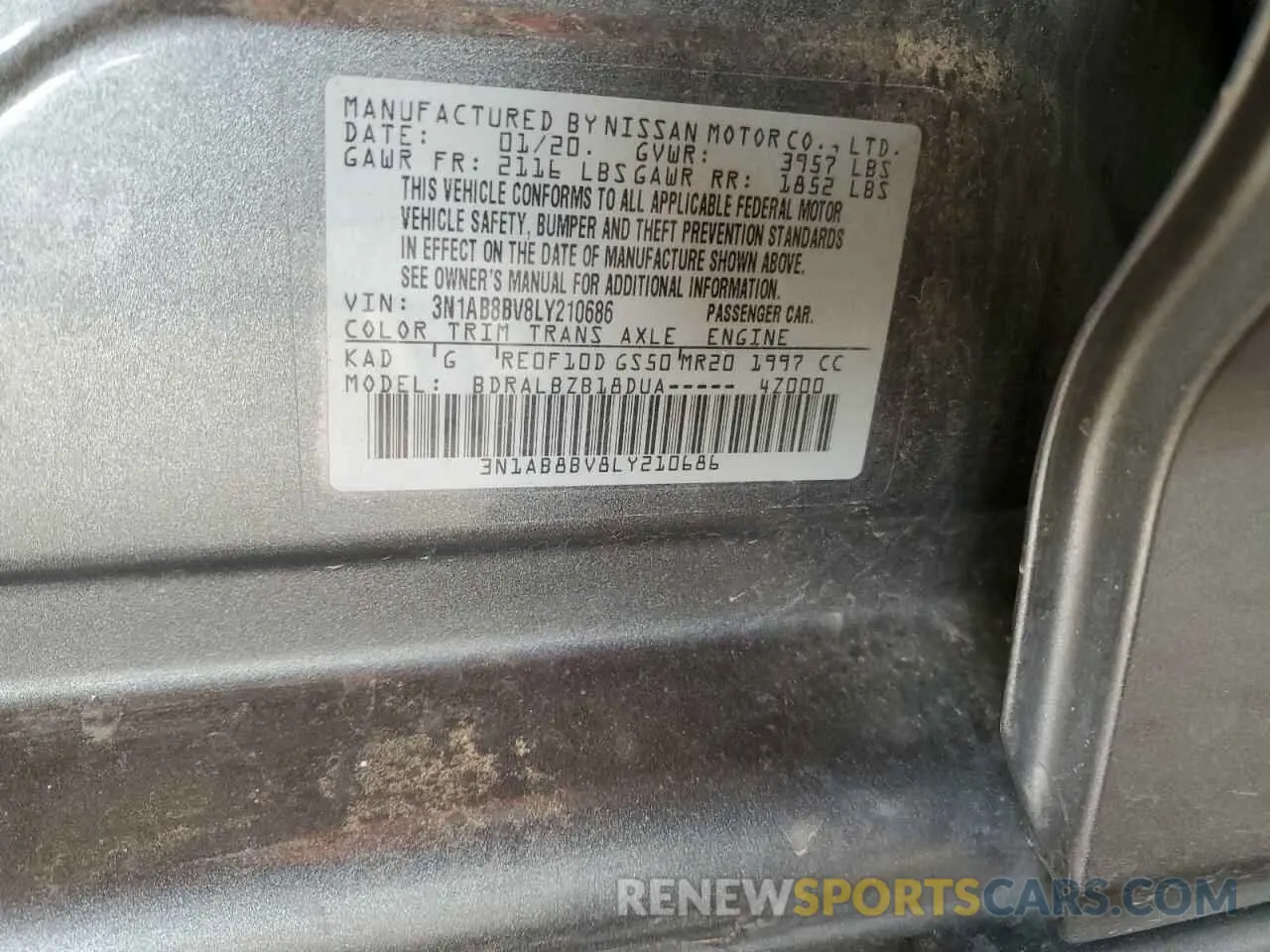 12 fotografías del automóvil dañado 3N1AB8BV8LY210686 NISSAN SENTRA 2020