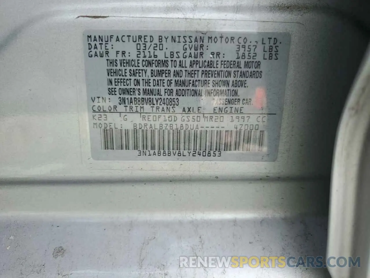14 fotografías del automóvil dañado 3N1AB8BV8LY240853 NISSAN SENTRA 2020