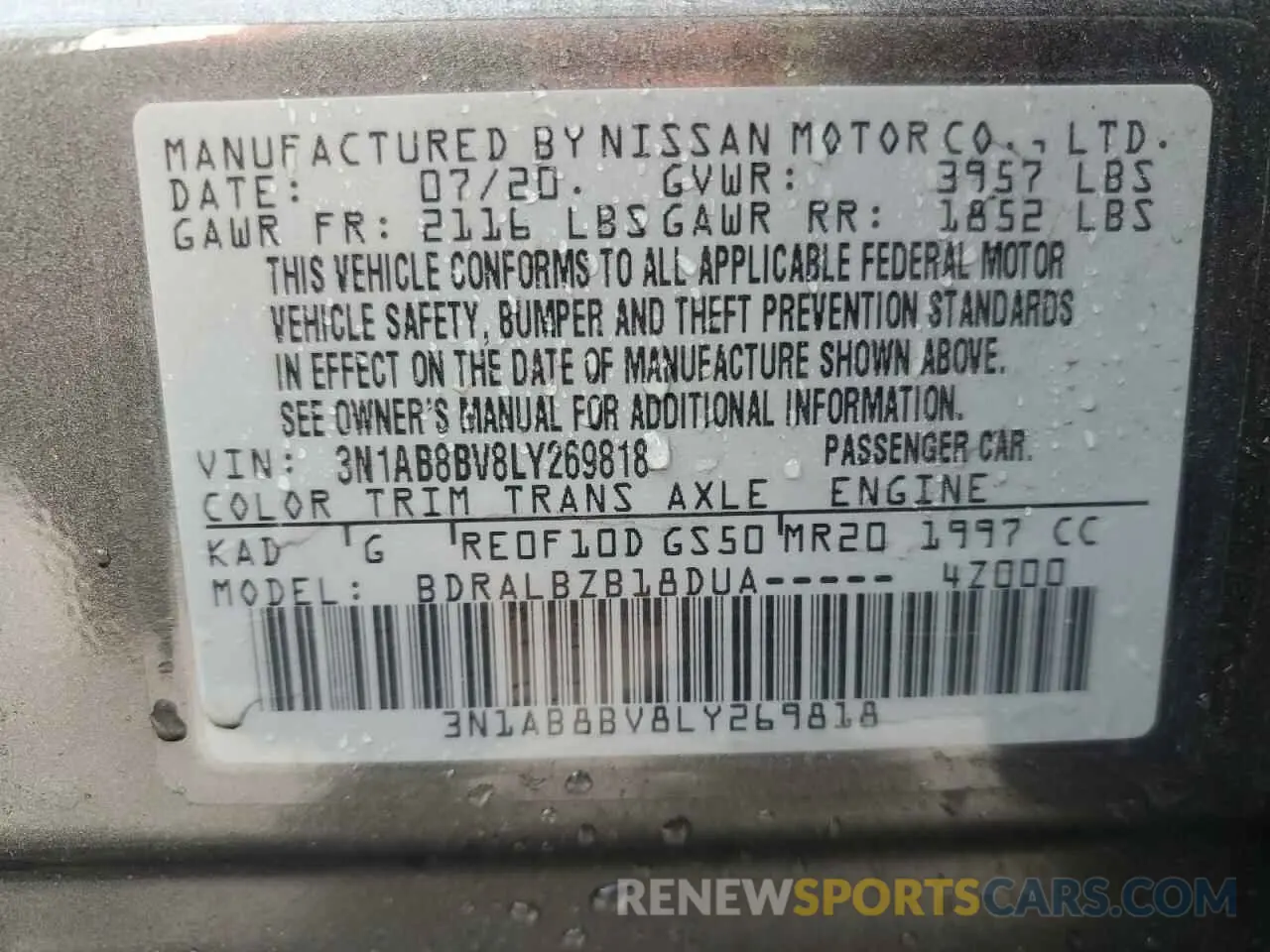 13 fotografías del automóvil dañado 3N1AB8BV8LY269818 NISSAN SENTRA 2020