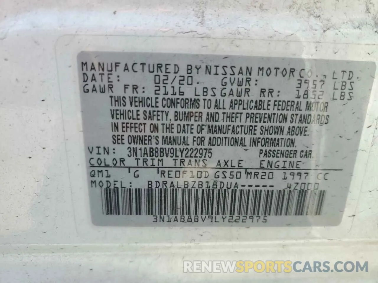 12 fotografías del automóvil dañado 3N1AB8BV9LY222975 NISSAN SENTRA 2020