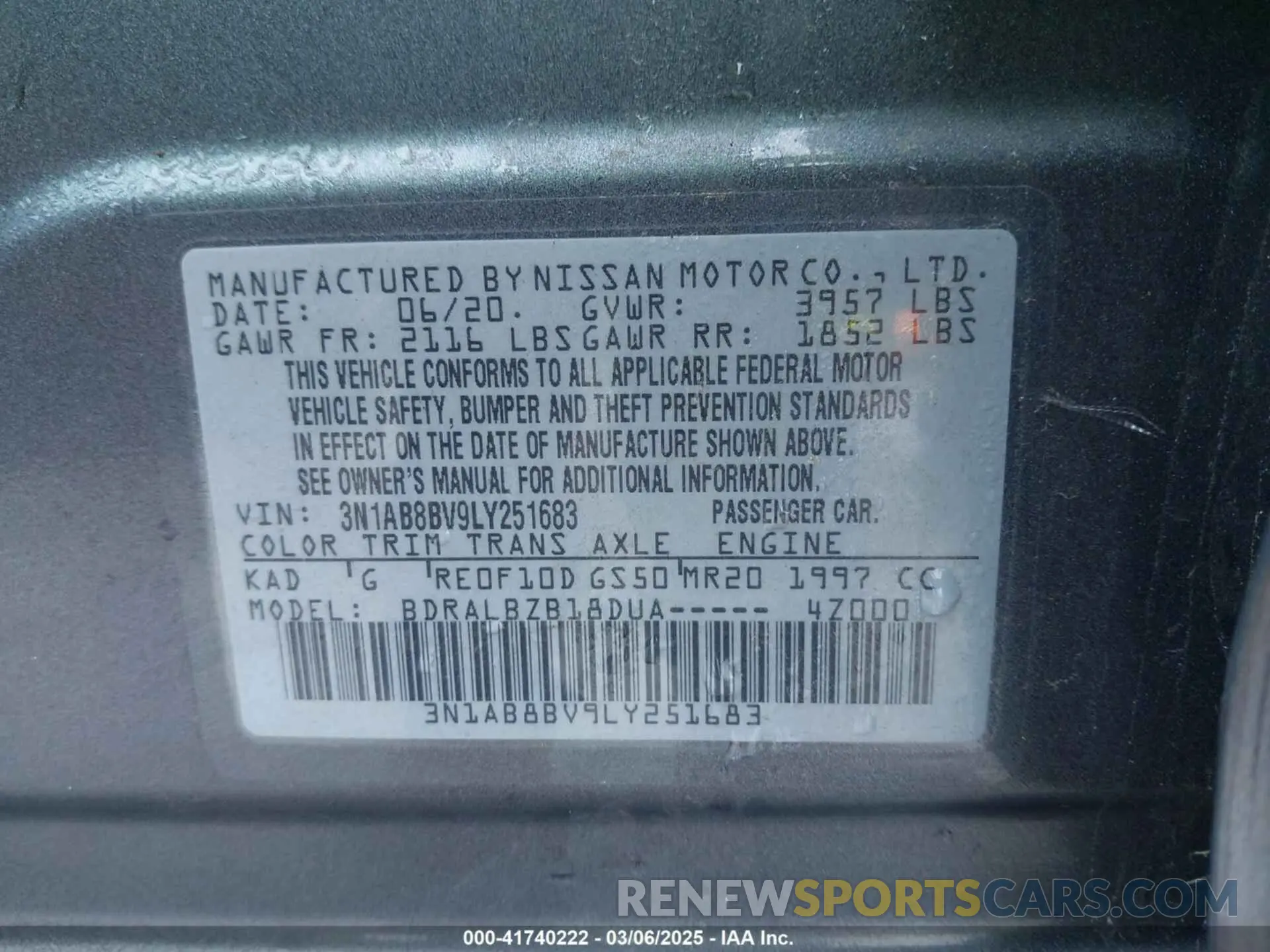 9 fotografías del automóvil dañado 3N1AB8BV9LY251683 NISSAN SENTRA 2020