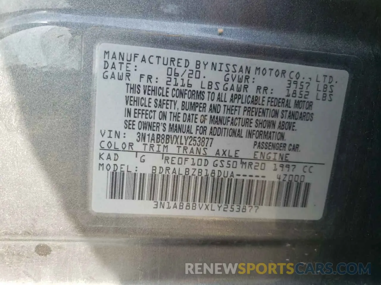 12 fotografías del automóvil dañado 3N1AB8BVXLY253877 NISSAN SENTRA 2020