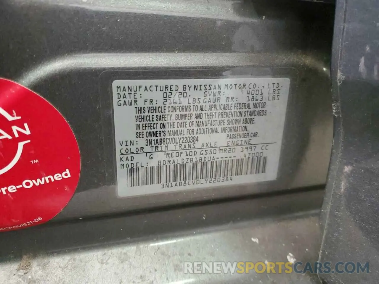 12 fotografías del automóvil dañado 3N1AB8CV0LY220384 NISSAN SENTRA 2020