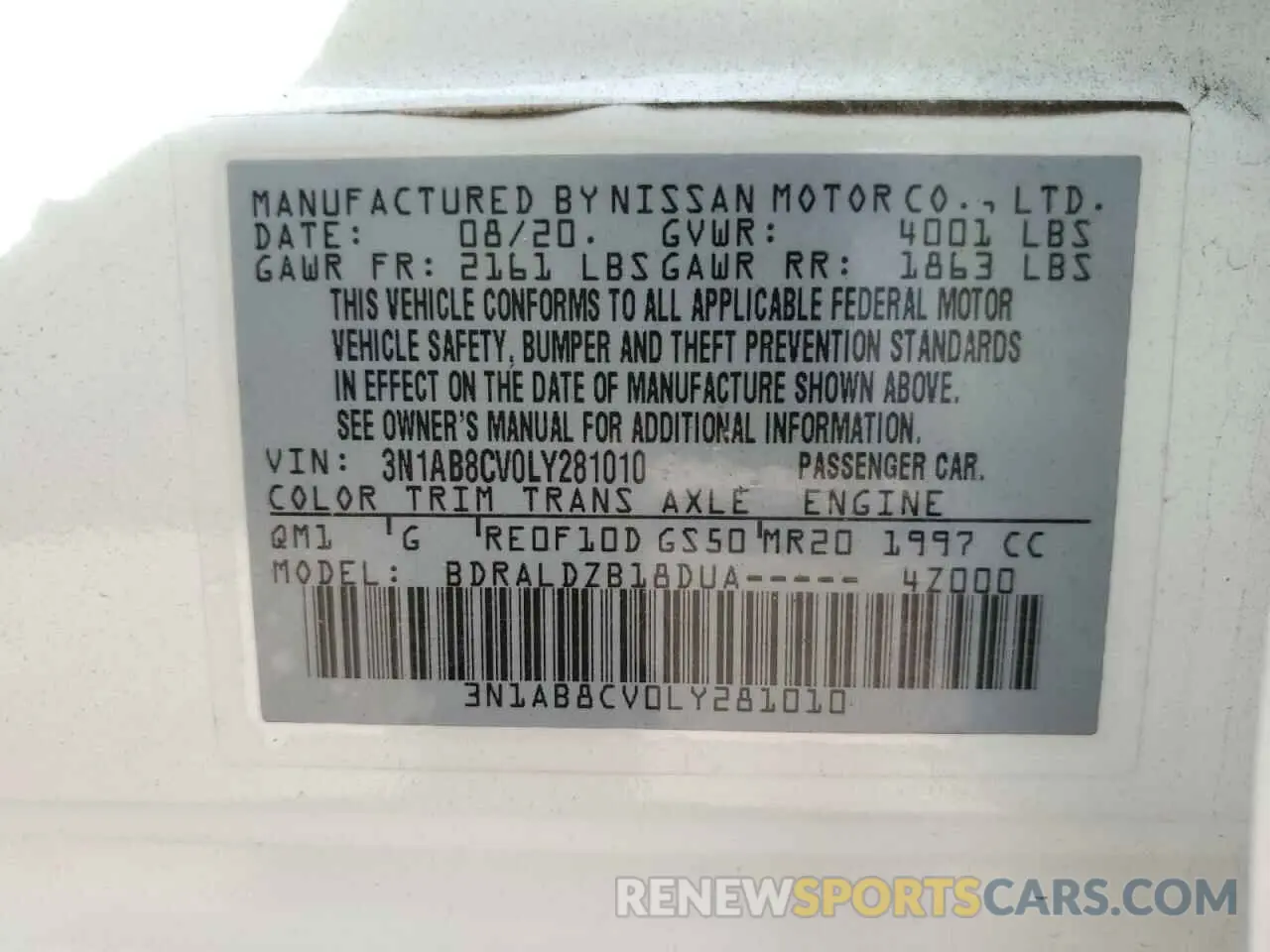 12 fotografías del automóvil dañado 3N1AB8CV0LY281010 NISSAN SENTRA 2020