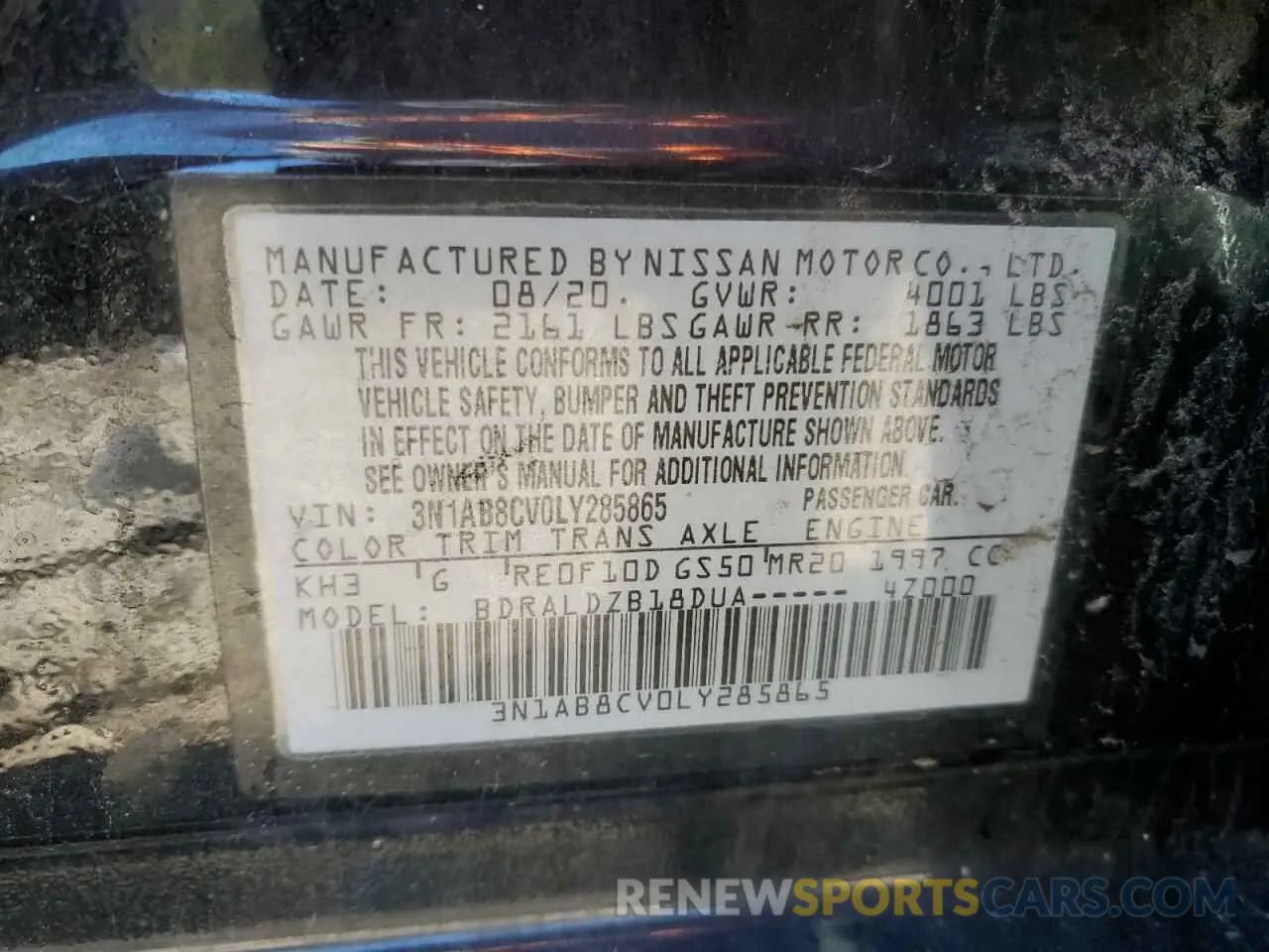 13 fotografías del automóvil dañado 3N1AB8CV0LY285865 NISSAN SENTRA 2020