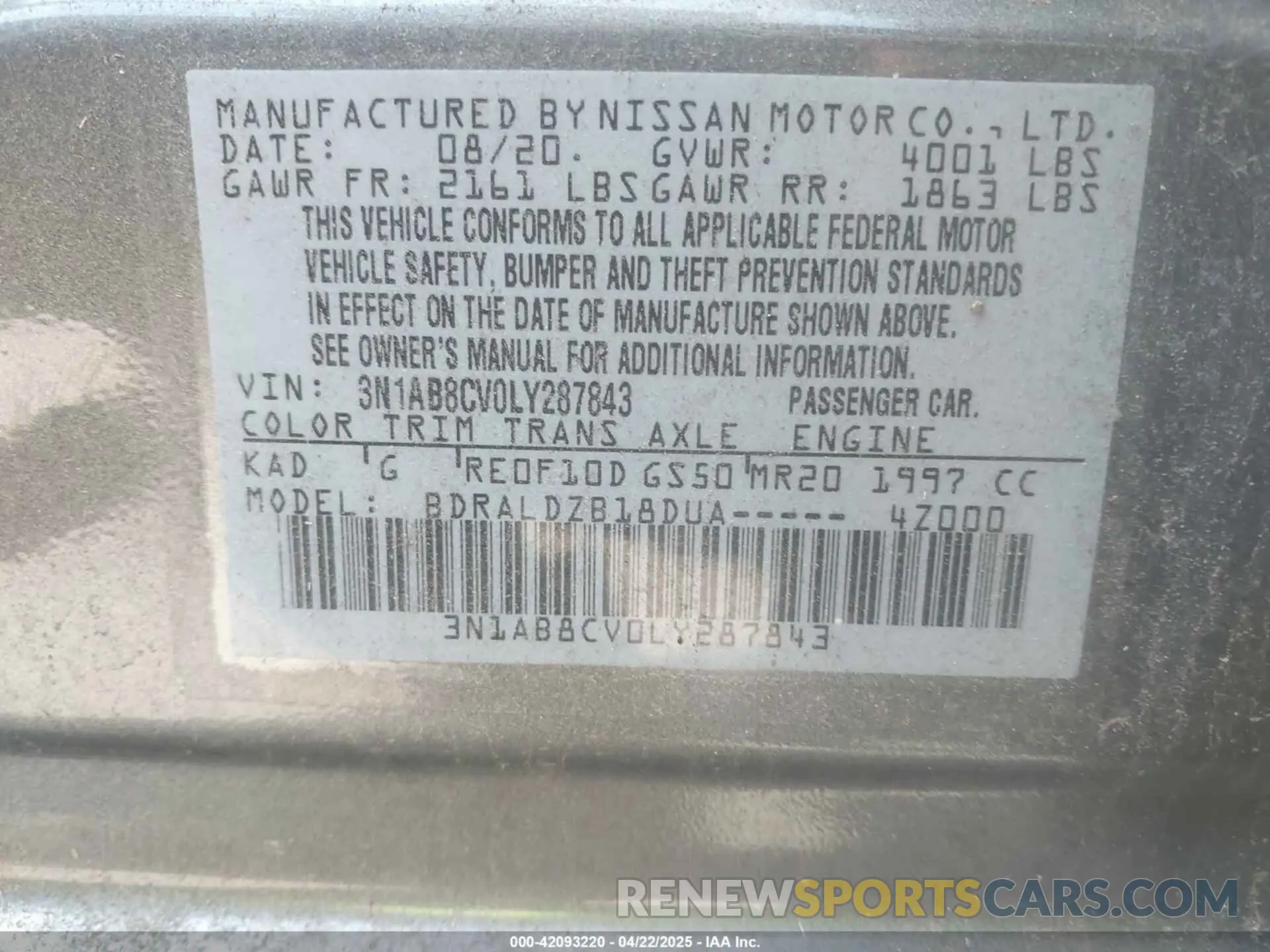 9 fotografías del automóvil dañado 3N1AB8CV0LY287843 NISSAN SENTRA 2020