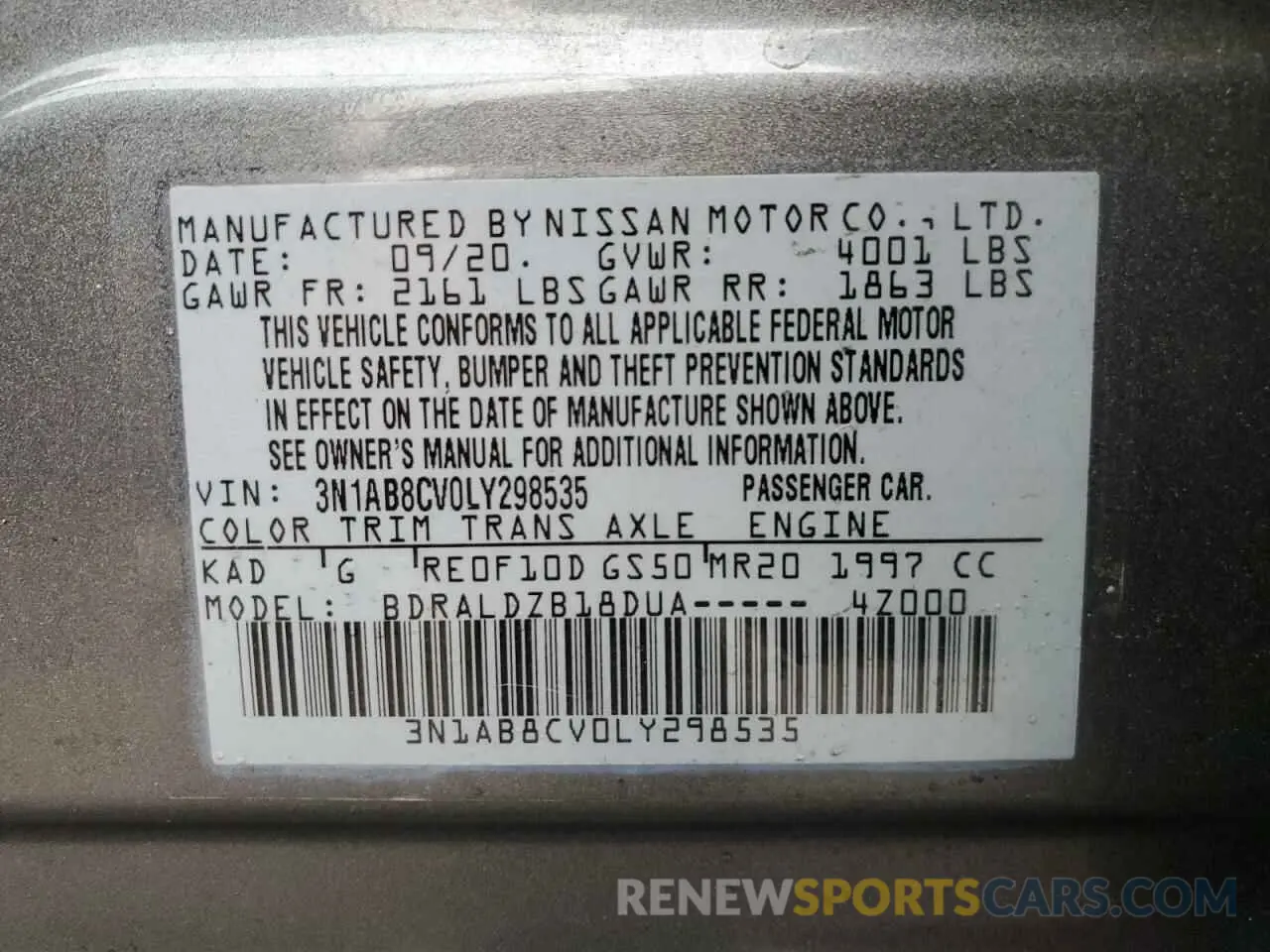 12 fotografías del automóvil dañado 3N1AB8CV0LY298535 NISSAN SENTRA 2020