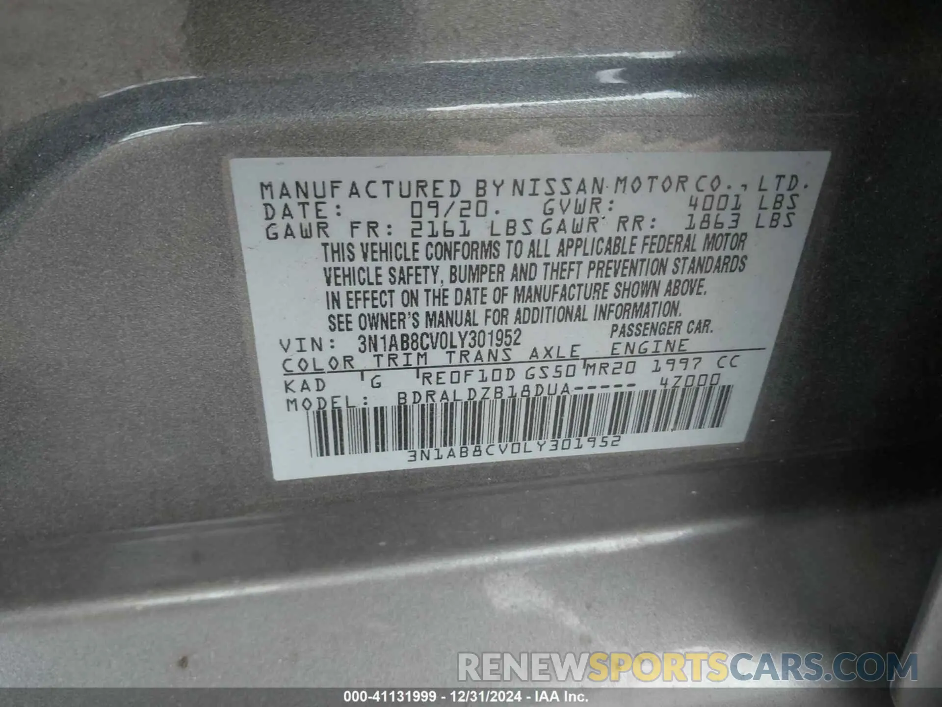 9 fotografías del automóvil dañado 3N1AB8CV0LY301952 NISSAN SENTRA 2020