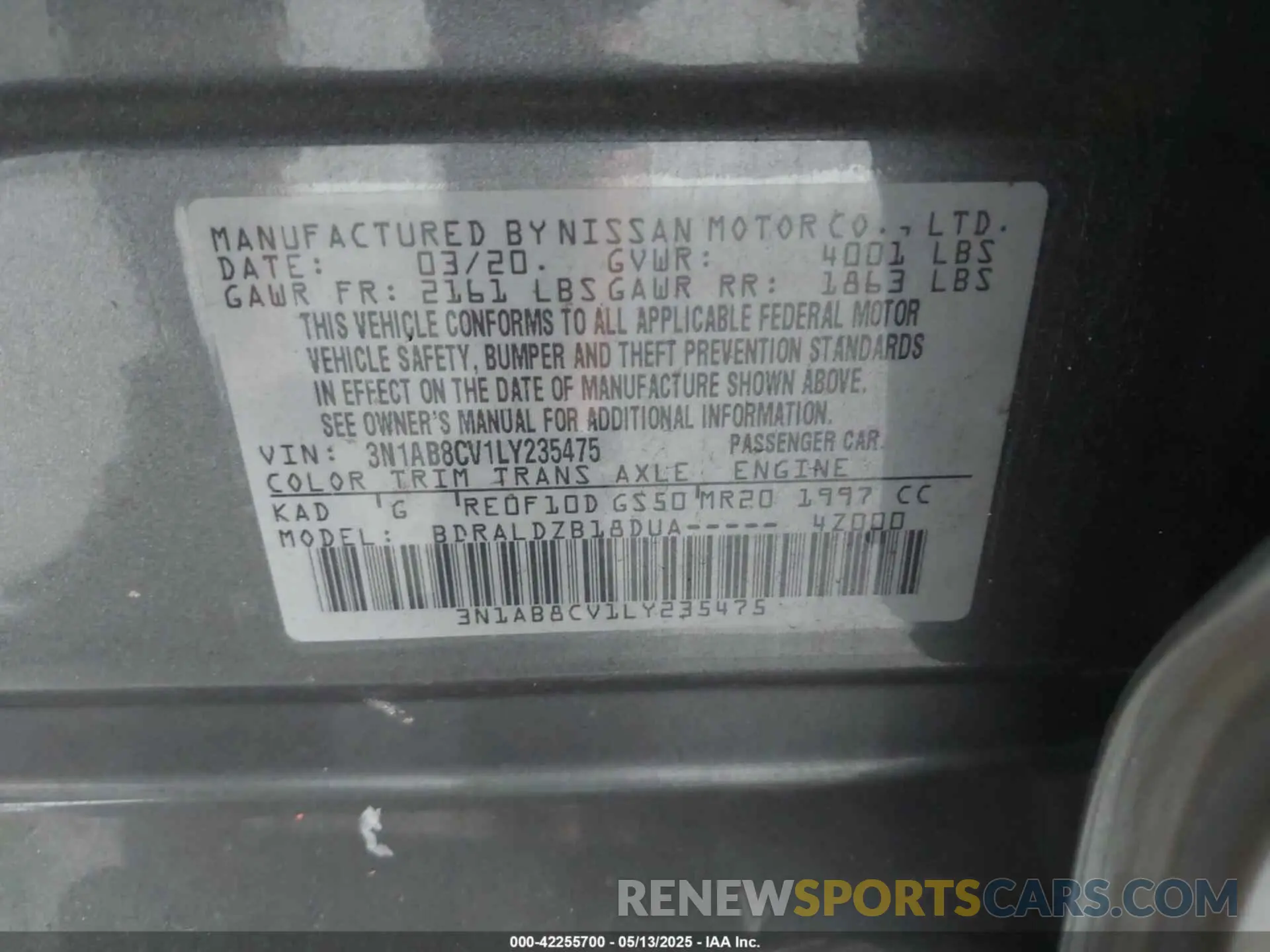 9 fotografías del automóvil dañado 3N1AB8CV1LY235475 NISSAN SENTRA 2020