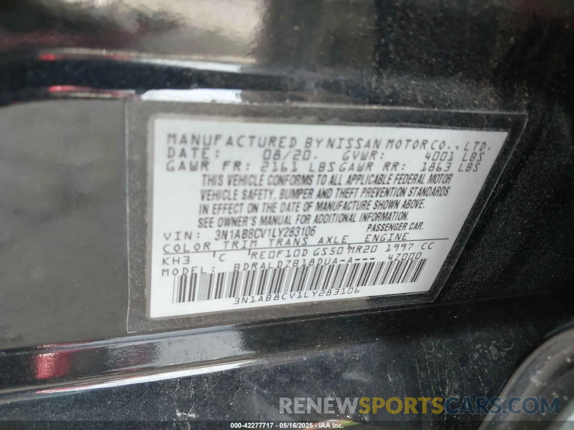 9 fotografías del automóvil dañado 3N1AB8CV1LY283106 NISSAN SENTRA 2020