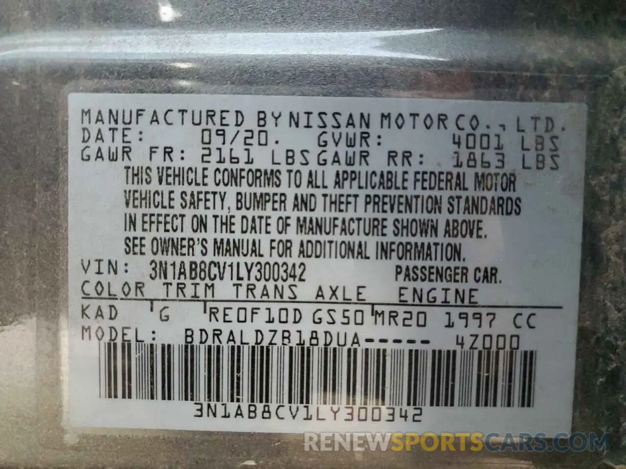 12 fotografías del automóvil dañado 3N1AB8CV1LY300342 NISSAN SENTRA 2020