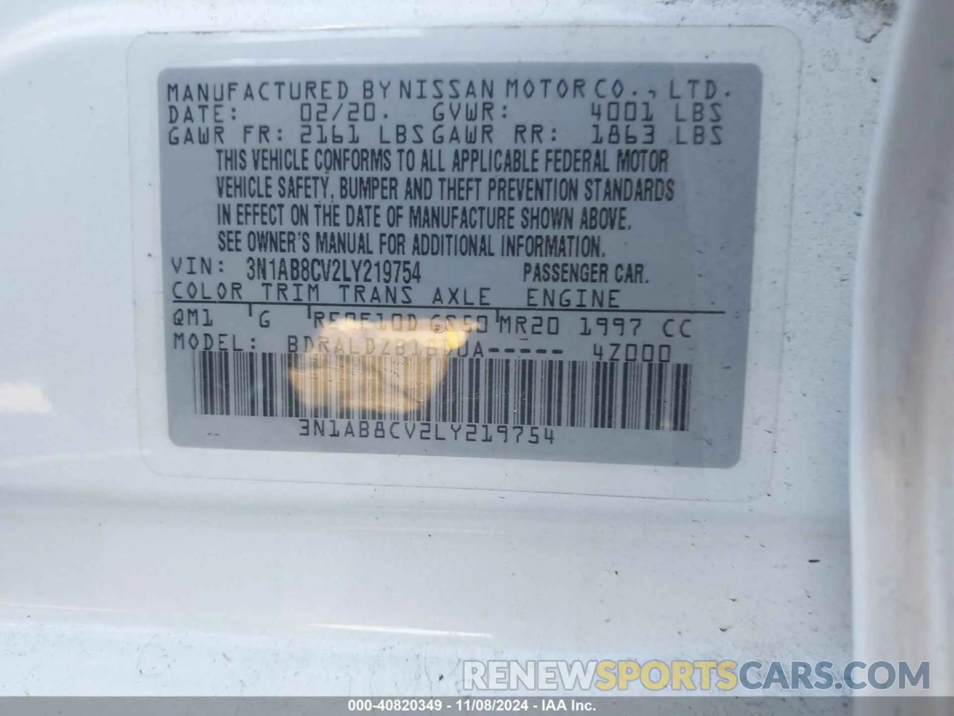 9 fotografías del automóvil dañado 3N1AB8CV2LY219754 NISSAN SENTRA 2020