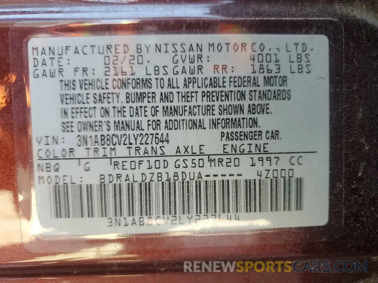 12 fotografías del automóvil dañado 3N1AB8CV2LY227644 NISSAN SENTRA 2020