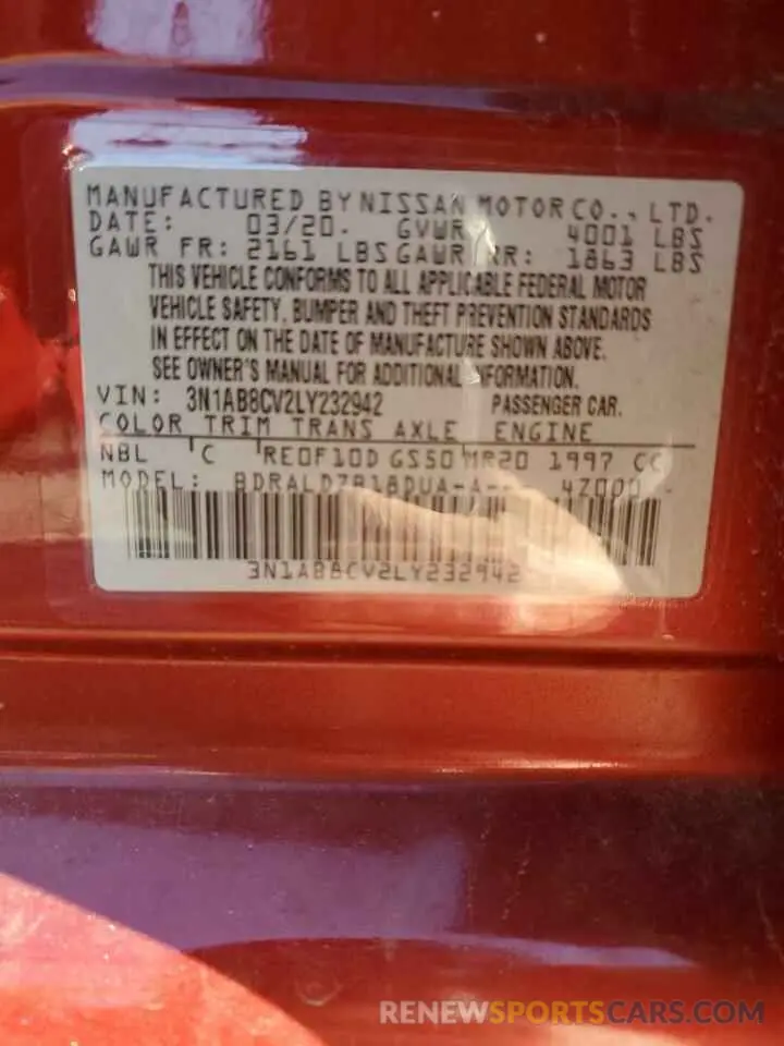 12 fotografías del automóvil dañado 3N1AB8CV2LY232942 NISSAN SENTRA 2020