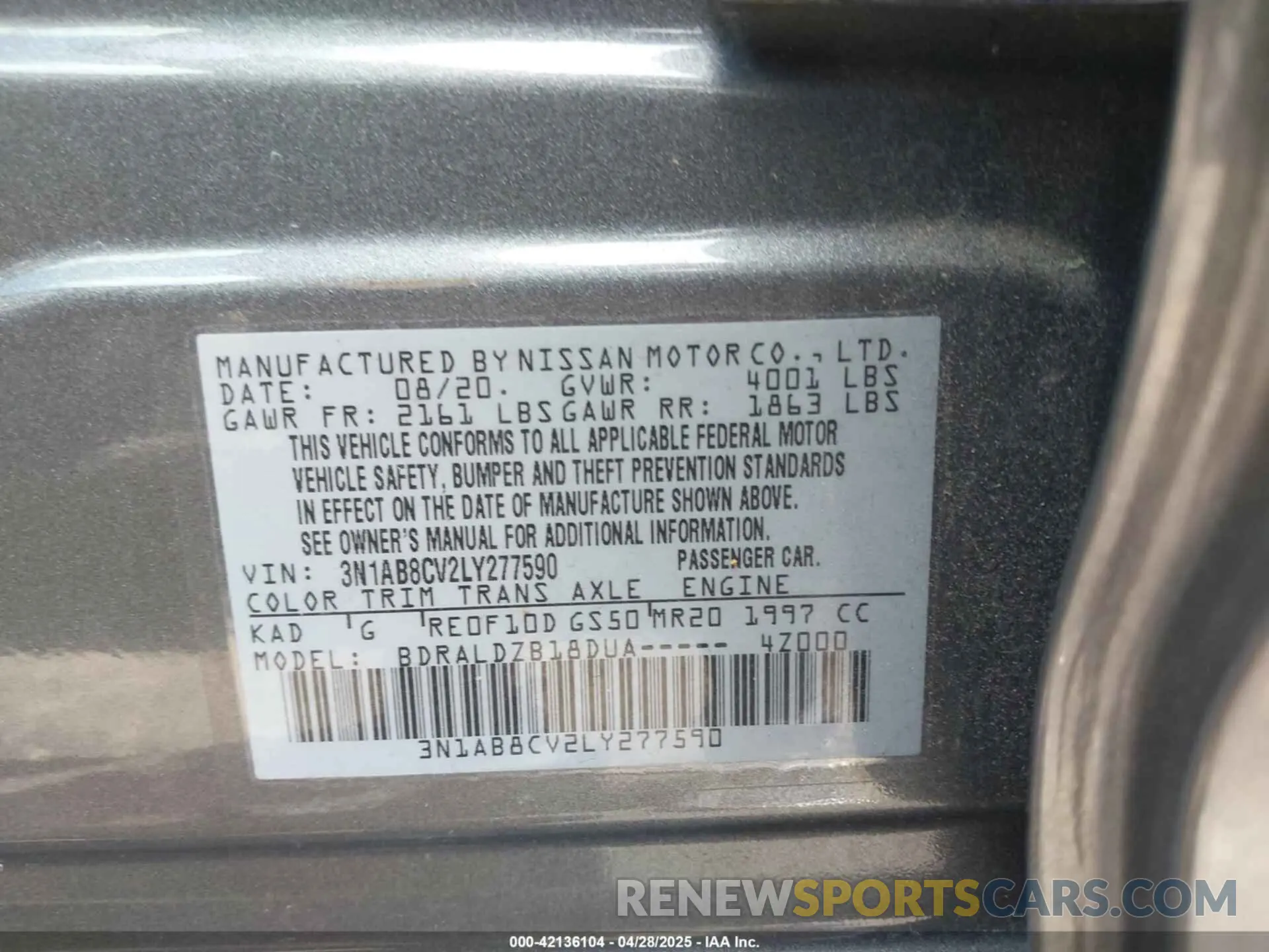 9 fotografías del automóvil dañado 3N1AB8CV2LY277590 NISSAN SENTRA 2020