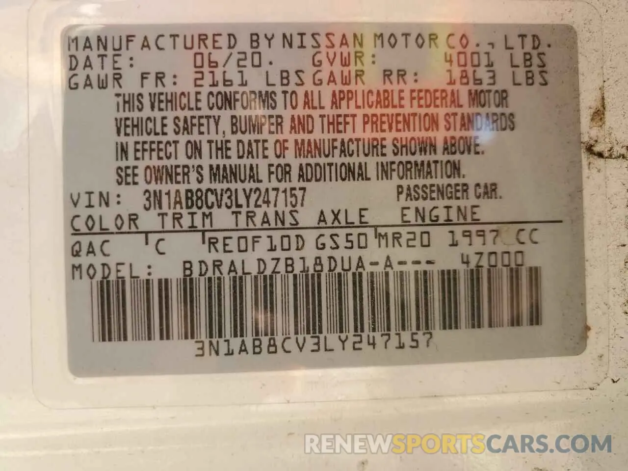12 fotografías del automóvil dañado 3N1AB8CV3LY247157 NISSAN SENTRA 2020