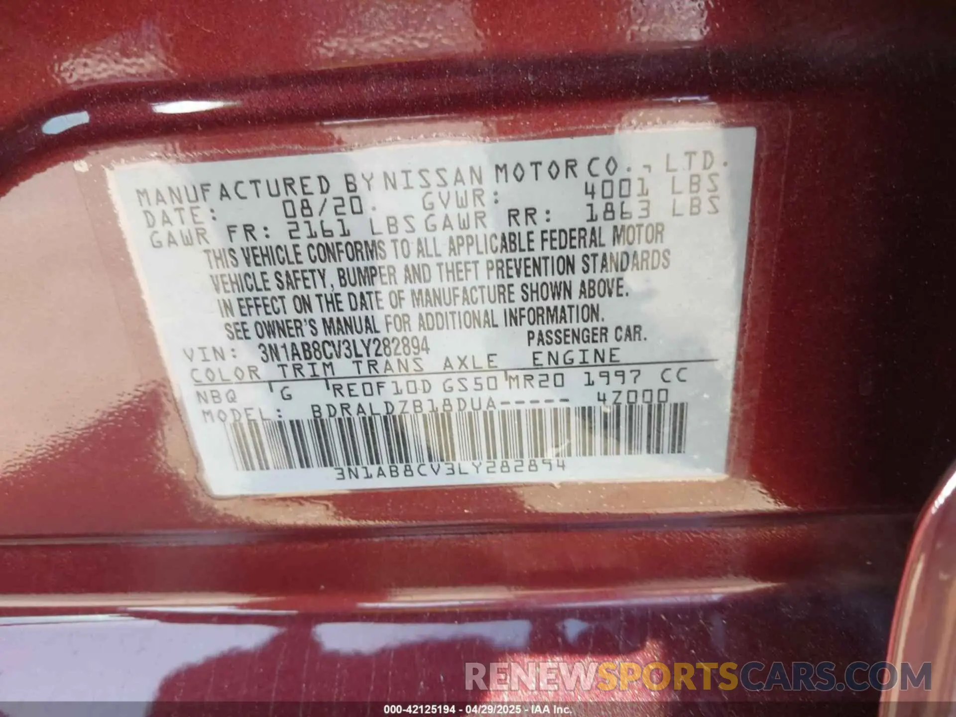 9 fotografías del automóvil dañado 3N1AB8CV3LY282894 NISSAN SENTRA 2020
