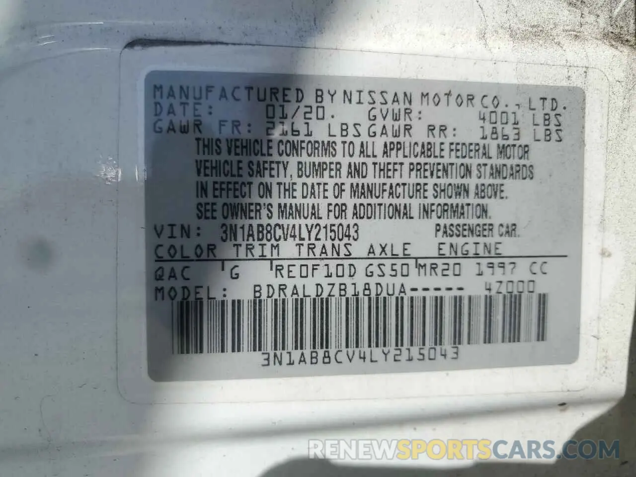 15 fotografías del automóvil dañado 3N1AB8CV4LY215043 NISSAN SENTRA 2020