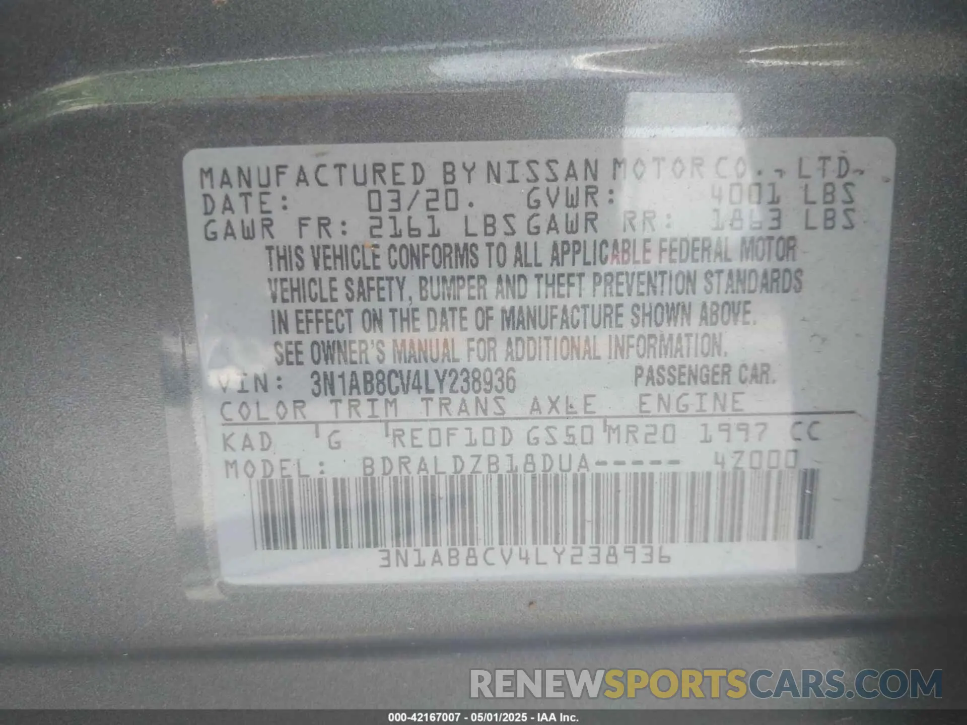 9 fotografías del automóvil dañado 3N1AB8CV4LY238936 NISSAN SENTRA 2020