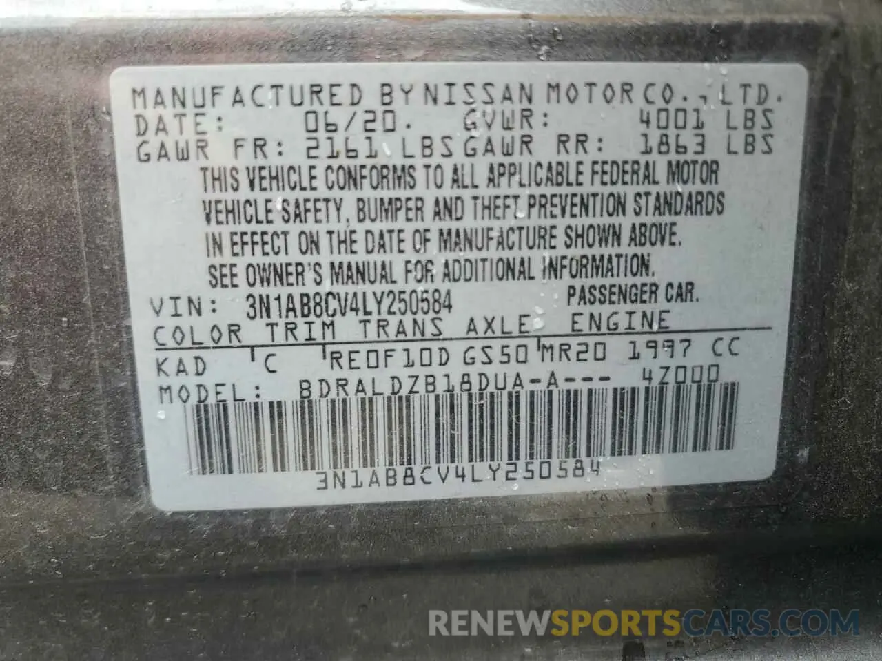 12 fotografías del automóvil dañado 3N1AB8CV4LY250584 NISSAN SENTRA 2020