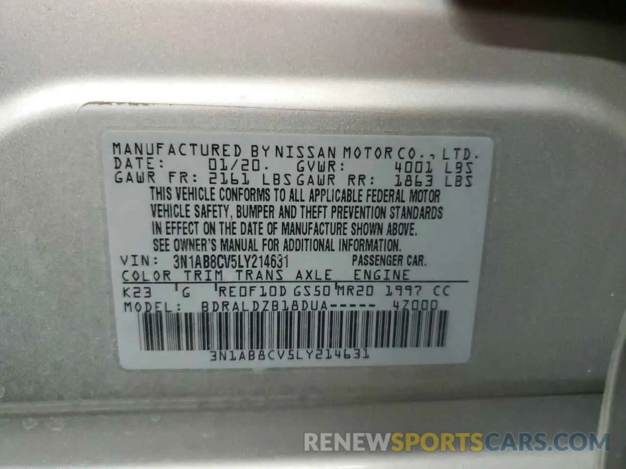 12 fotografías del automóvil dañado 3N1AB8CV5LY214631 NISSAN SENTRA 2020