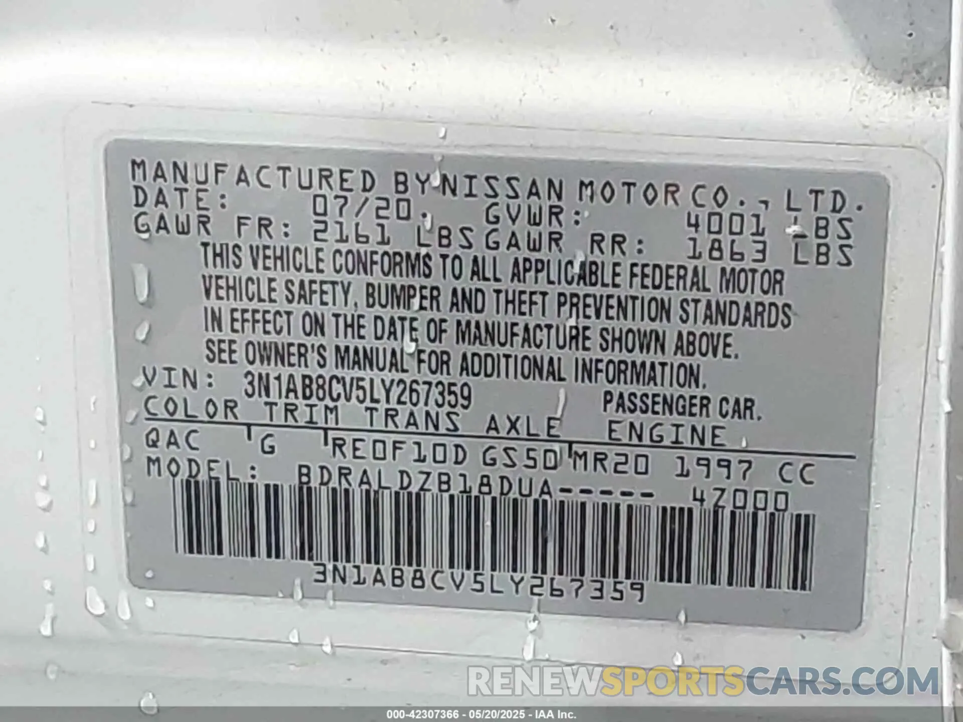 9 fotografías del automóvil dañado 3N1AB8CV5LY267359 NISSAN SENTRA 2020