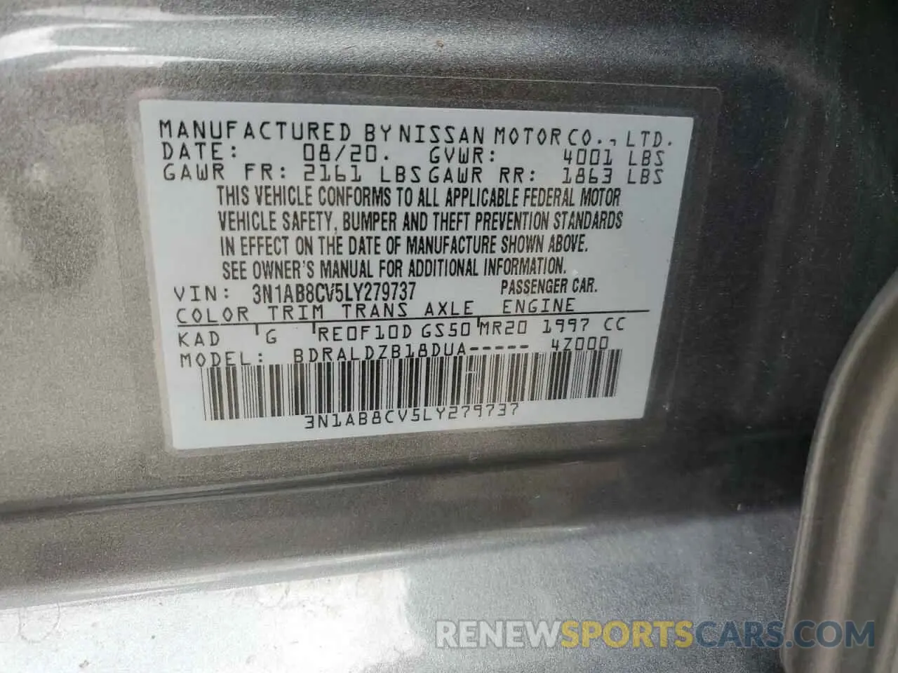 12 fotografías del automóvil dañado 3N1AB8CV5LY279737 NISSAN SENTRA 2020