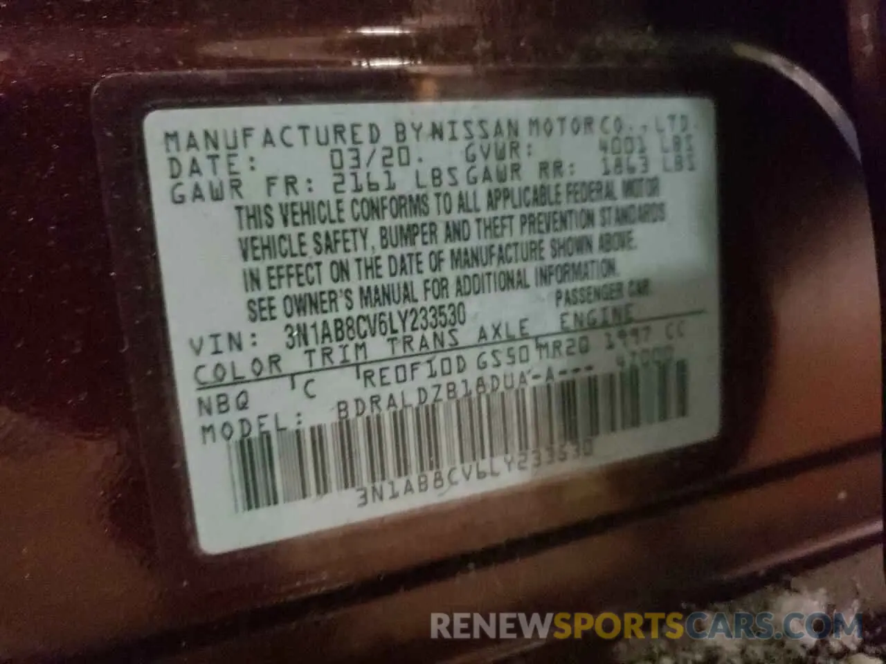 12 fotografías del automóvil dañado 3N1AB8CV6LY233530 NISSAN SENTRA 2020
