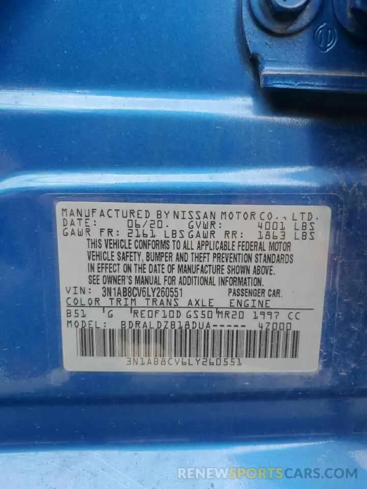 13 fotografías del automóvil dañado 3N1AB8CV6LY260551 NISSAN SENTRA 2020