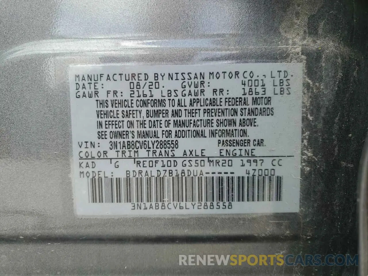 12 fotografías del automóvil dañado 3N1AB8CV6LY288558 NISSAN SENTRA 2020