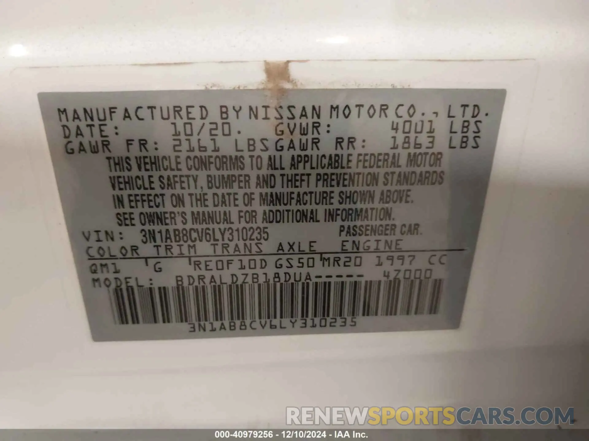 9 fotografías del automóvil dañado 3N1AB8CV6LY310235 NISSAN SENTRA 2020