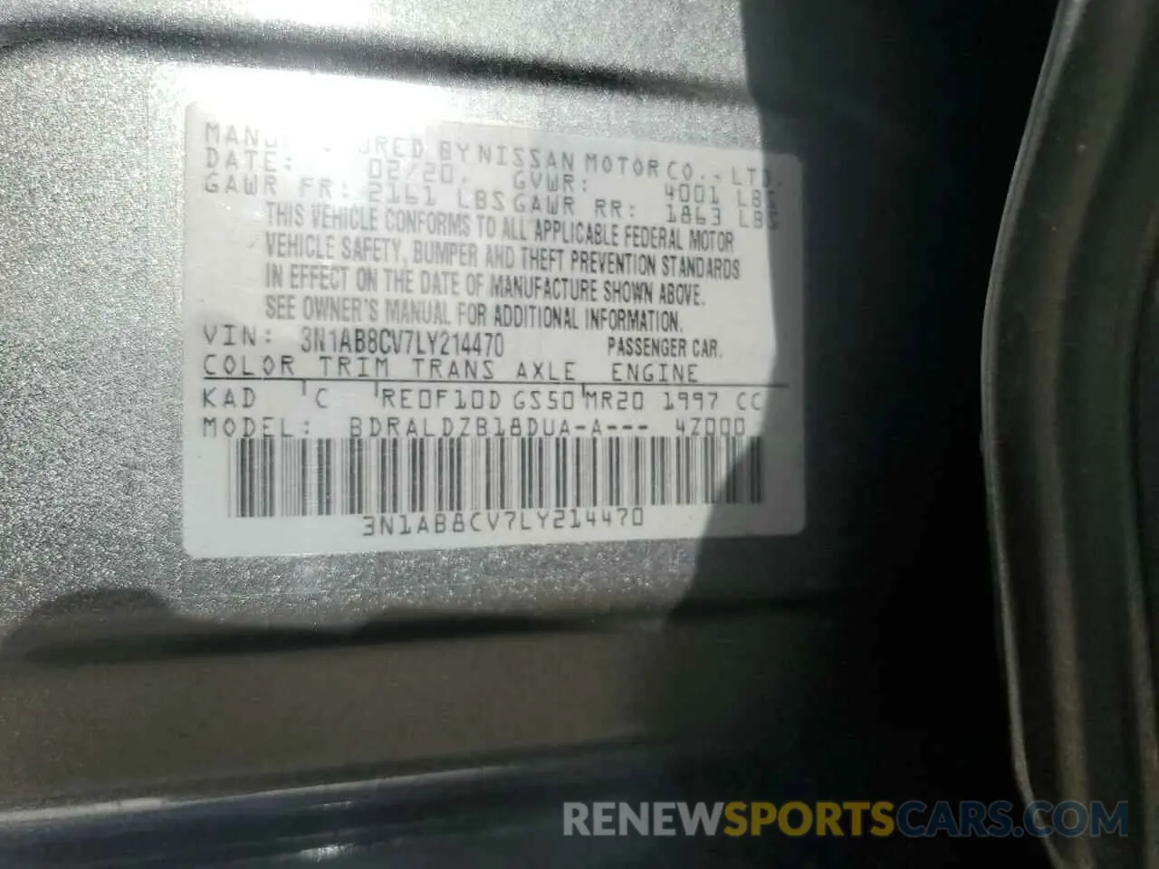 12 fotografías del automóvil dañado 3N1AB8CV7LY214470 NISSAN SENTRA 2020