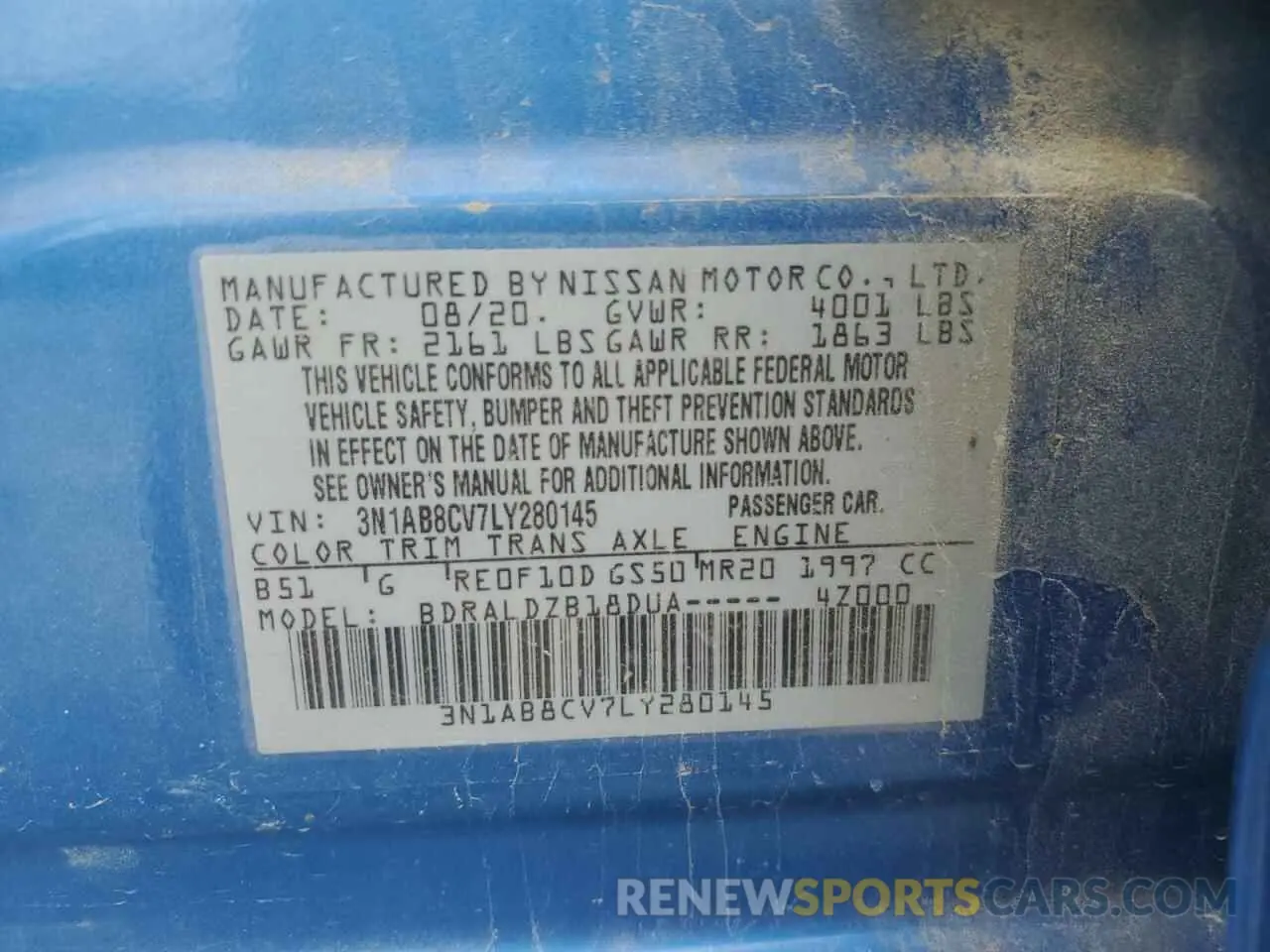 12 fotografías del automóvil dañado 3N1AB8CV7LY280145 NISSAN SENTRA 2020